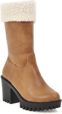 Generic Womens Side Zipper Mid Calf Winter Snow Boots Round Toe Block Heel Platform Warm Outdoor Party Shoes (7.5,Yellow)