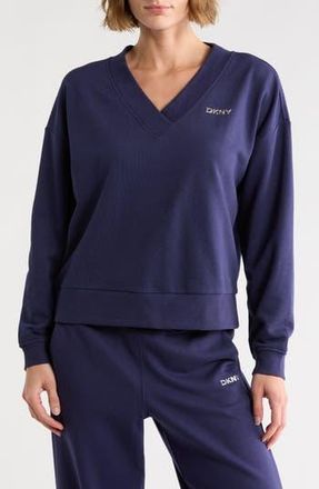 DKNY Metallic Logo V-Neck French Terry Sweatshirt in Peacoat at Nordstrom Rack, Size X-Small