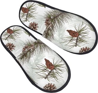 Generic House Slippers Pine Cones Tree Branch Unisex Fuzzy Slippers Non-Slip Cotton Slipper For Bedroom Holiday Winter L