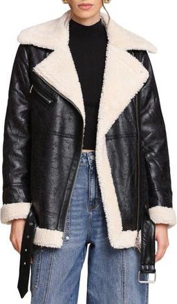 Avec Les Filles Faux Leather Biker Jacket with Faux Shearling Collar in Black-Cream at Nordstrom Rack, Size Medium