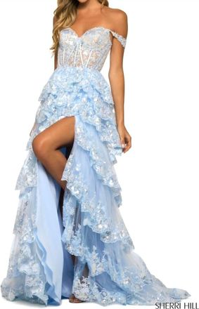 Sherri Hill Layered Skirt Off The Shoulder Dress In Light Blue