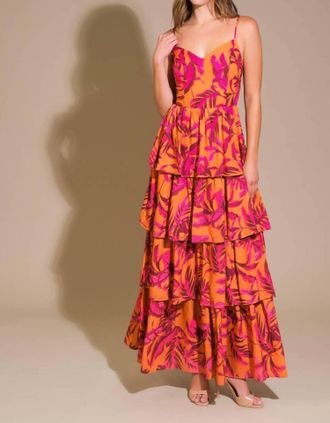 Flying Tomato Printed Maxi Dress In Fucsia & Orange