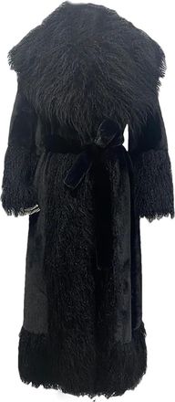 Generic Women Winter Long Soft Fluffy Thick Warm Fake Sheep Fur Trim Elegant Furry Overcoat Faux Fur Coat Black XL