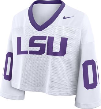 Nike LSU Logo Nike Womens Dri-FIT College Cropped Jersey in White | 03O3082KLSN-2B9