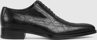 Gucci Mens Lace-up Shoe With Lasered GG, Black, Leather