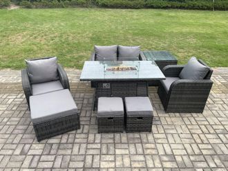 Fimous Rattan Garden Furniture Set Outdoor Patio Gas Fire Pit Dining Table & Chairs with 3 Footstools in Dark Grey