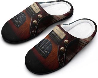Generic Guitar Wooden U.S. Flag Mens House Slippers Memory Foam Washable Cotton Slip on Home Shoes
