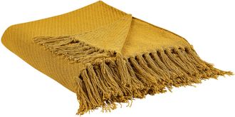 Beliani Beliani - Manta De Algod&oacute;n Amarillo Mostaza 125 X 150 Cm Hecho A Mano Flecos Yarsa