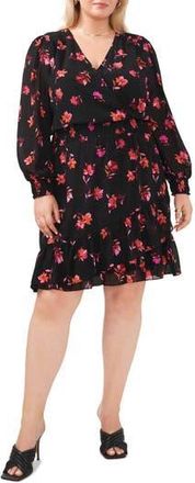 Vince Camuto Smocked Floral Print Ruffle Long Sleeve Minidress in Pomegranate Pink at Nordstrom Rack, Size 1X