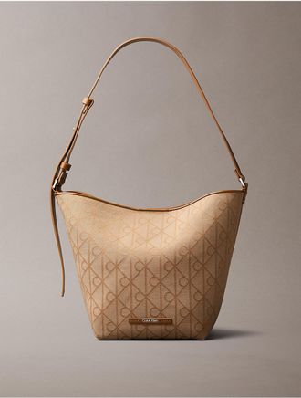 Calvin Klein Womens Allover Emblem Logo Jacquard Bucket Bag with Pouch - Brown