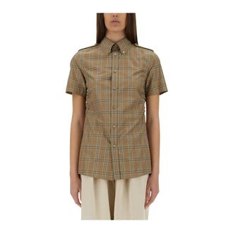 Burberry Checked Cotton Poplin Short Sleeve Shirt - female - Burberry - Shirts - Brown - 3XS - Blouses & Shirts