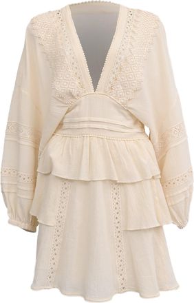 Iro Iro Figons Crochet-Trimmed Ruffled Mini Dress in Beige Cotton