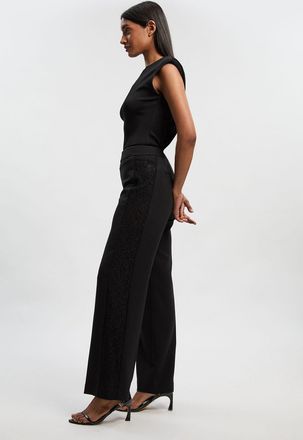 Karen Millen Womens Compact Stretch Lace Mix Tailored Wide Leg Trouser - Black - Size 10 UK