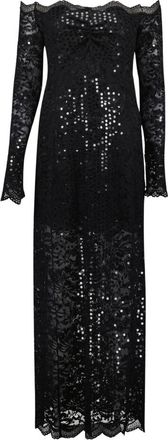 Paco Rabanne Maxi Dresses, female, Black, Size: M Long Dress in Sequin-Embroidered Lace