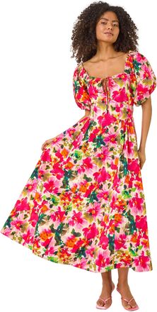 DUSK Womens Floral Pleated Puff Dress - Red - Size 12 UK