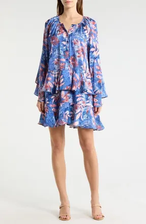 Melloday Leaf Print Long Sleeve Dress in Blue/Blush Leaf at Nordstrom, Size X-Large
