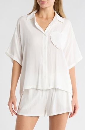 Betsey Johnson Heart Patch Cabana Button-Up Shirt & Shorts Cover-Up Set in White at Nordstrom Rack, Size X-Large