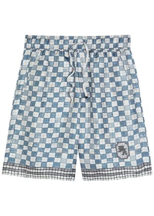 Amiri Chateau Crest Checked Silk Shorts - Steel - XL