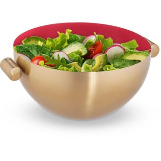 Relaxdays Set 3 Ensaladeras Con Asas &Oslash; 24,5 Cm, Cuenco De Cocina, Bol De Acero Inoxidable, Reposter&iacute;a, Frutero, Dorado Y Rojo