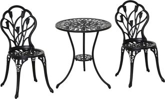 OUTSUNNY Conjunto De Mesa Y Sillas De Terraza Exterior De 3 Piezas Con Respaldo Con Patr&oacute;n De Tulip&aacute;n Y Mesa Con Orificio Para Sombrilla Negro