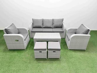 Fimous PE Rattan Garden Furniture Set Reclining Chair Sofa Lounge Sofa Set Rectangular Coffee Table 2 Small Stools Light Grey