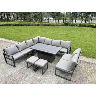 Fimous ALuminum 10 Piece Patio Set with Lifting Table, Cushions & 2 Stools in Dark Grey