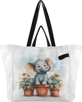 Generic Elephant Flower Blue print Reusable Canvas Tote Bag, Heavy Duty Grocery Shopping Bag with Hard Bottom Large Capacity Double Handles Work Groceries Tra