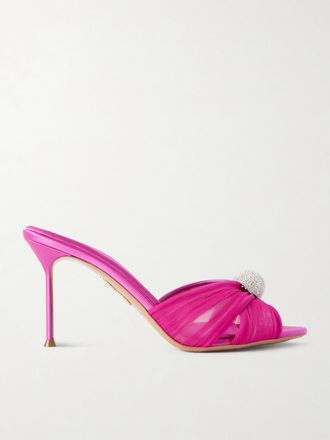 Aquazzura Mule In Chiffon Con Finiture In Pelle E Cristalli Mystery 85 - Rosa