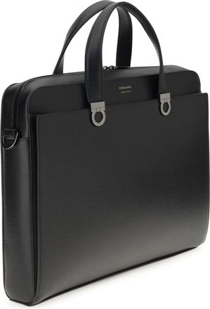 Ferragamo Mens Gancini Business Handbag Black Calf Leather Bos Taurus Briefcases