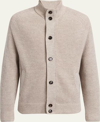 Brioni Mens Ribbed Cotton-Blend Mouline Blouson Sweater