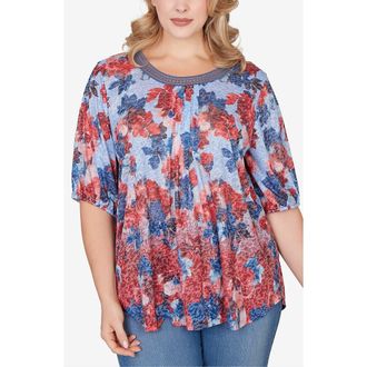 Ruby Rd. Sublimation Mixed Latter Lace Jersey Top in Red Multi at Nordstrom Rack, Size 3 X