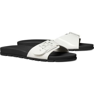 Tory Burch Buckle Slide Sandal in White /Perfect Black /Silver at Nordstrom, Size 11