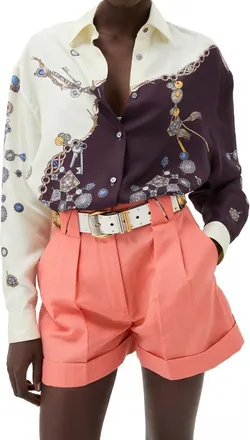 Versace Stolen Jewels Trompe lOeil Print Silk Twill Button-Up Shirt in Burgundy White Gold at Nordstrom, Size 44