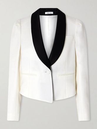 Alexander McQueen Blazer Cropped In Lana Grain De Poudre Con Finiture In Velluto - Bianco