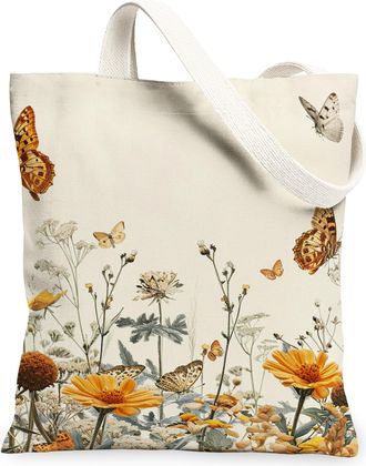 Generic Floral Butterfly Canvas Tote Bags, Nature-Inspired Reusable Grocery Bags, Spring Vintage Lightweight Washable Shoulder Stra, Beige, 13x15 Inch