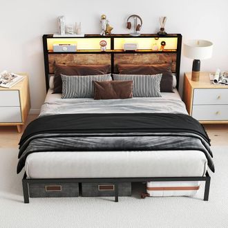 Matteo King Metal Bed Frame - RGB Smart LED, Storage Headboard - Noise-Free in Black