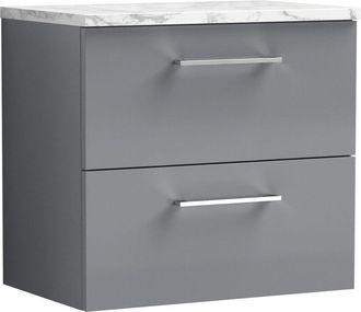 Nuie Arno Wall Hung 2-Drawer Vanity Unit with Carrera Marble Worktop 600mm Wide - Satin Grey - Nuie