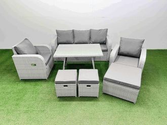 Fimous Reclining Chair 3 Seat Sofa Garden Furniture Set with Dining Table in Light Grey
