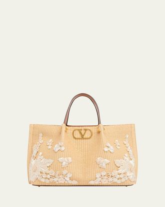 Valentino Garavani Medium Embroidered Viscose Raffia Tote Bag