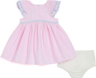 Pippa & Julie Gingham Flutter Sleeve Cotton Party Dress with Bloomers in Pink at Nordstrom, Size 0-3M