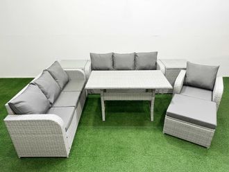Fimous 8 Seater Poly Rattan Outdoor Garden Furniture Rectangular Dining Table Sofa Set Patio 3 Seater Sofa Reclining Chair 3 Seater Sofa Big