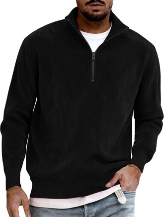 Generic Quarter Zip Jumper Men Work Regular Fit Winter Warm 1/4 Zip Jumper Mens Long Sleeve Collar Golf Jumpers Tops UK Knitted Sweaters Casual Fleece Lined T