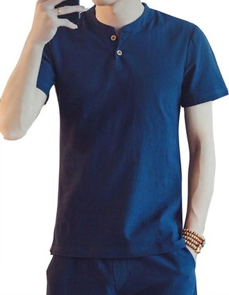 ShiFan Mens Linen Shirt Short Sleeve Casual Henley Top Grandad Collar T-Shirt Navy XS
