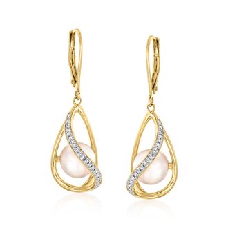 Ross-Simons 8-8.5mm Cultured Pearl and. Diamond Swirl Drop Earrings in 18kt Gold Over Sterling