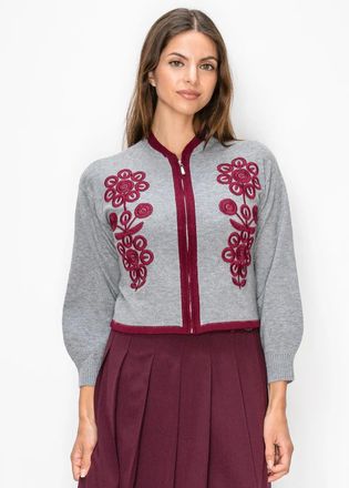 YAL New York Grey Cropped Cardigan with Burgundy Embroidery