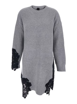Pinko Grey Ribbed Crew Neck Dress With Mesh Detail In Wool Blend Woman