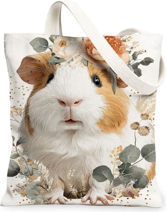 Generic Floral Guinea Pigs Canvas Tote, Cute Animal Pattern Reusable Bags, Spring Vintage Lightweight Washable Shoulder Strap, White, 13x15 Inch