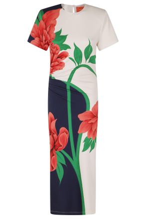 La DoubleJ Cream Blue Red Lela Flower Printed Viscose Maxi Dress