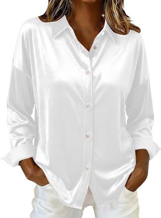 Generic Womens Satin Shirts UK 2026 Spring Fashion Blouse Casual Long Sleeve Button Down Lapel Neck Tops Dressy Comfy Solid Color Loose Fit Shirt Ladies Elega