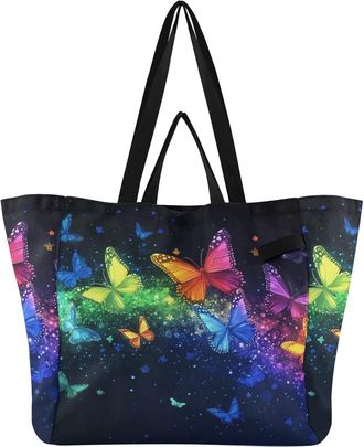 Generic Glowing Butterfly Pink pattern Reusable Canvas Tote Bag, Heavy Duty Grocery Shopping Bag with Large Capacity Hard Bottom Double Handles Work Groceries